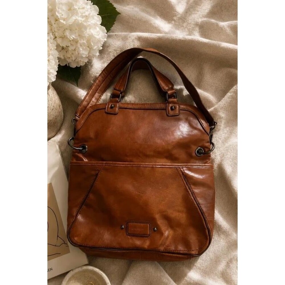 Nine West Cognac Brown Satchel Handbag Vintage Shoulder Bag Leather Zip Accent